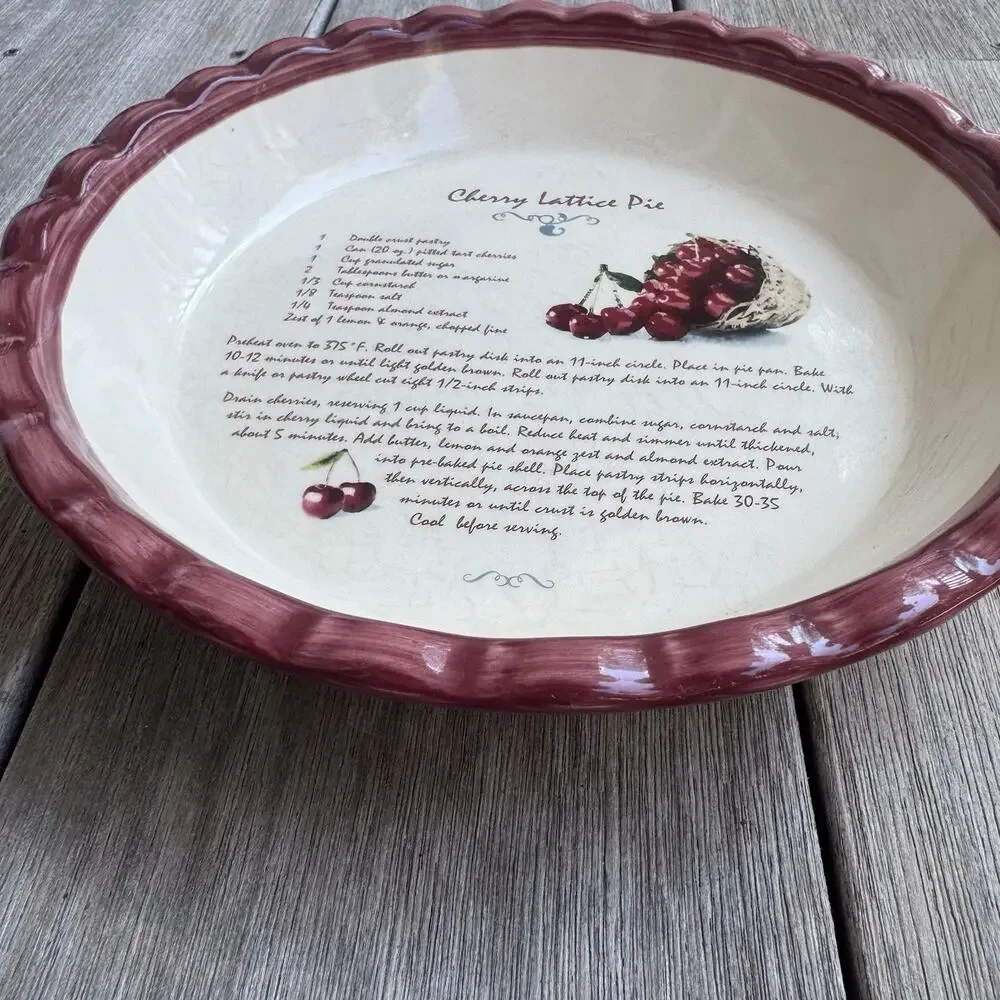 Cherry Lattice Pie Fluted Edge Deep Dish Plate Ceramic 9 in Recipe Cottagecore